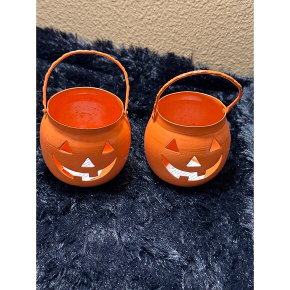 Vintage Hosley Set Of 2 Orange Metal Jack-O-Lantern Candle Halloween - Picture 1 of 5